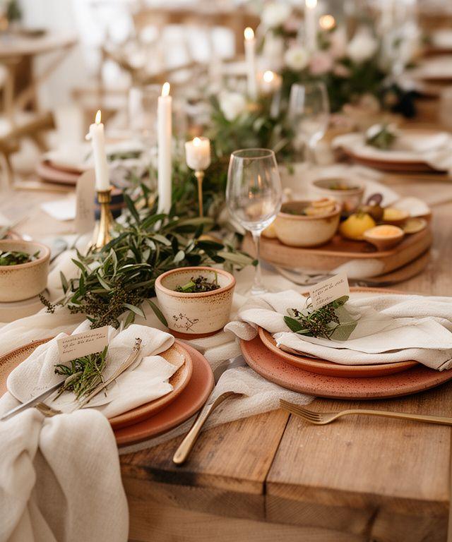 Mesa nupcial de estilo rústico elegante con cerámica y vegetación