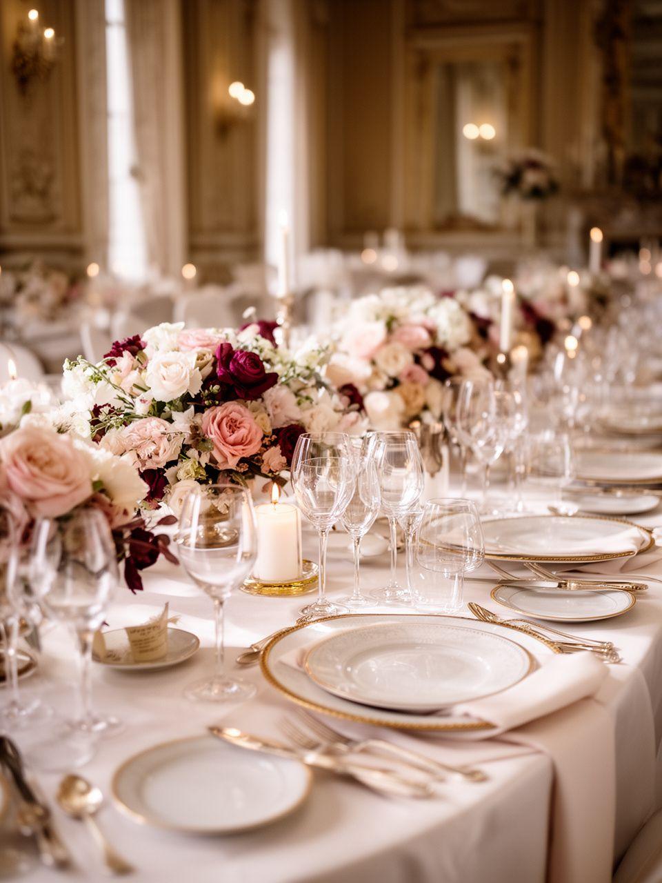 Mesa de boda elegantemente decorada con flores, copas y vajilla fina