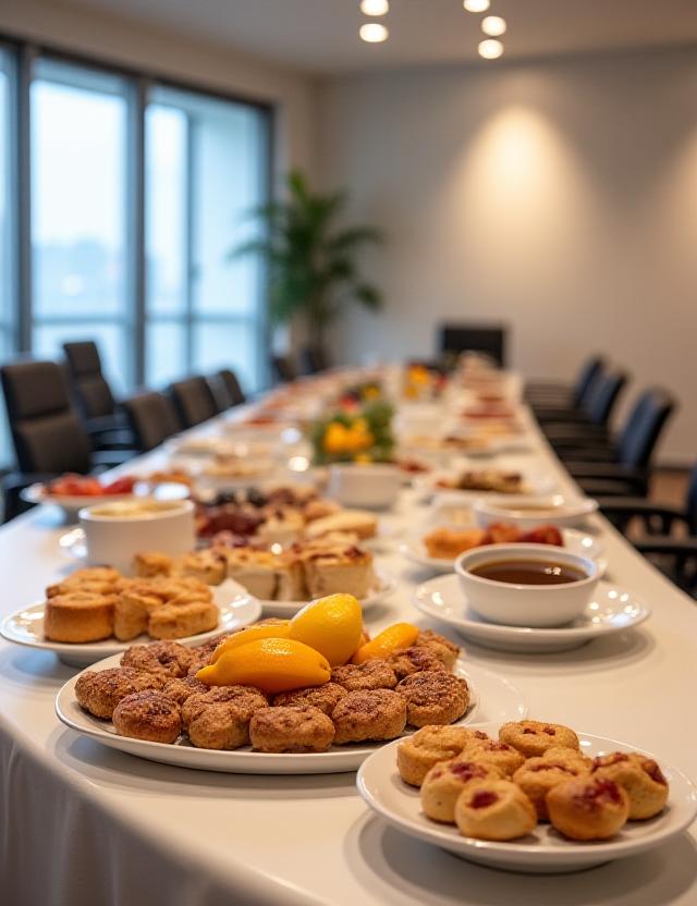 Coffee break corporativo con bollería artesanal, fruta fresca y café servido en una sala moderna