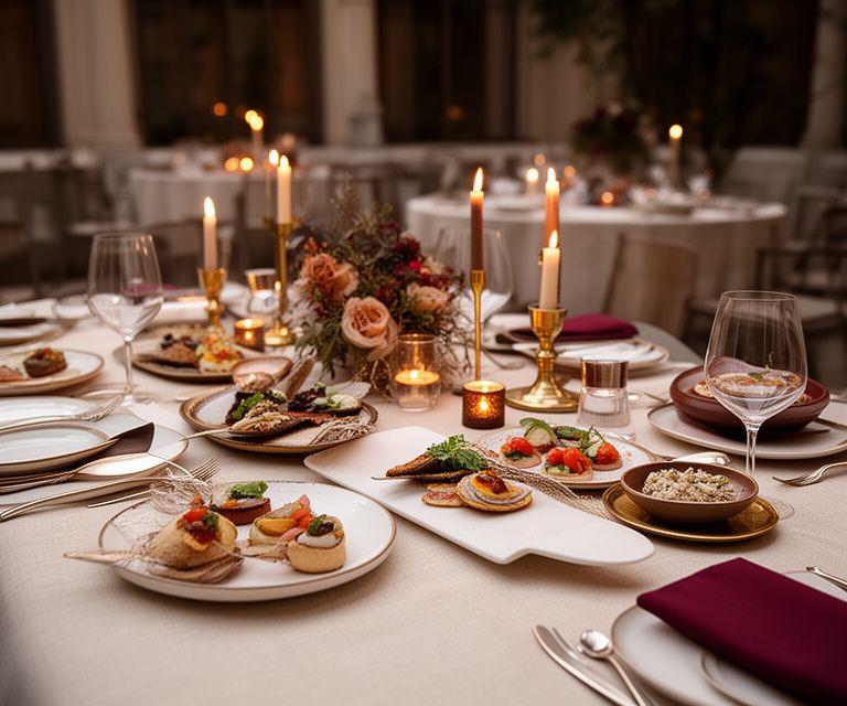 Mesa temática elegante con platos de autor, velas y detalles dorados para una experiencia culinaria premium