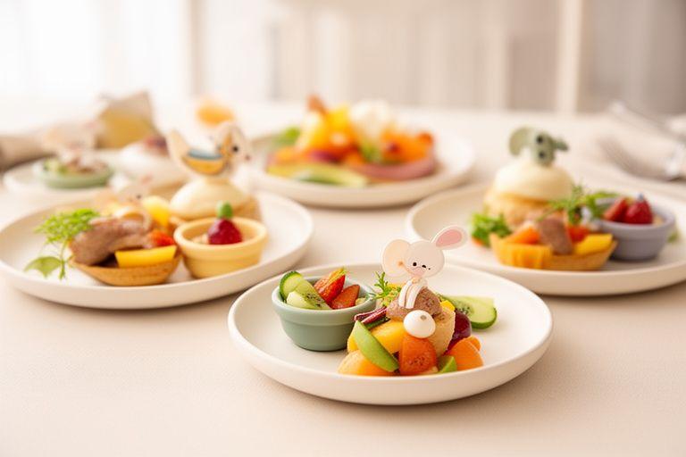 Menú infantil divertido y saludable con porciones creativas, colores suaves y presentación cuidada para niños